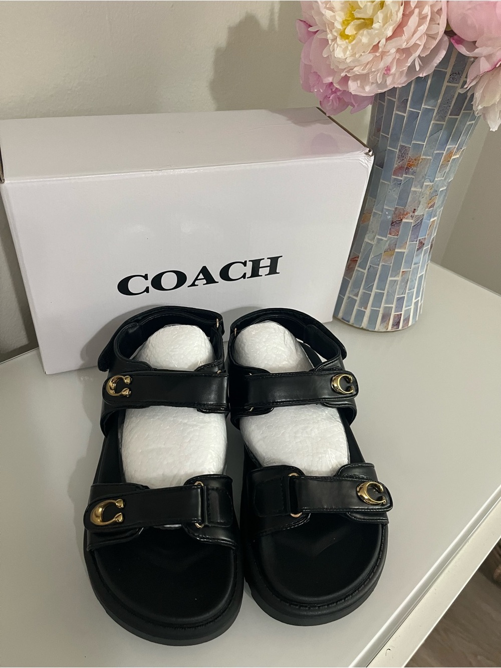 Coach Black Kids Leather Double-Strap Sandals with Gold Hardware